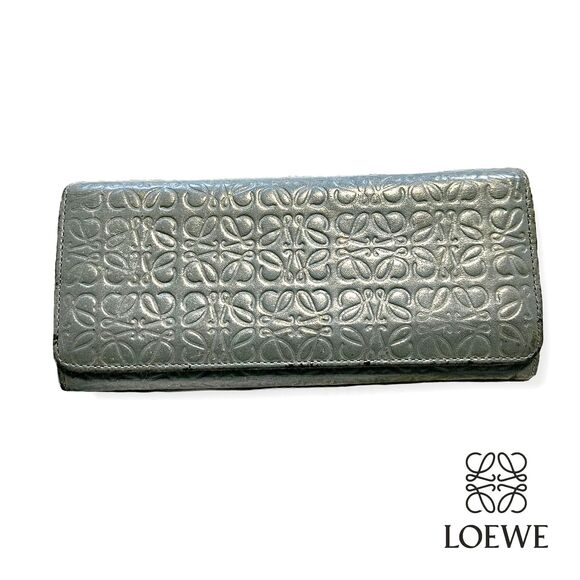 Loewe (Authentic) Slate Blue Anagram Embossed Leather Vintage Long Wallet, VGUC - Picture 1 of 12
